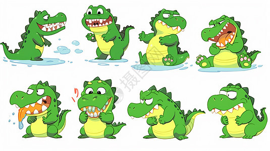 有大牙的绿色可爱卡通小恐龙各种表情图片