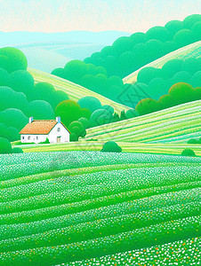 漫山遍野绿色山坡上一座可爱的卡通小房子图片