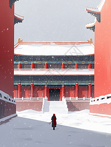 冬天大雪中一个小小的卡通人物在参观红墙宏伟的卡通古建筑图片
