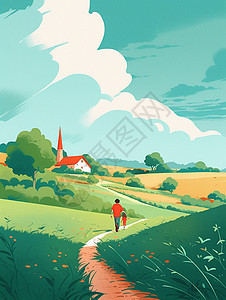 两个小小的卡通人物背影走在乡间小路上卡通风景图片