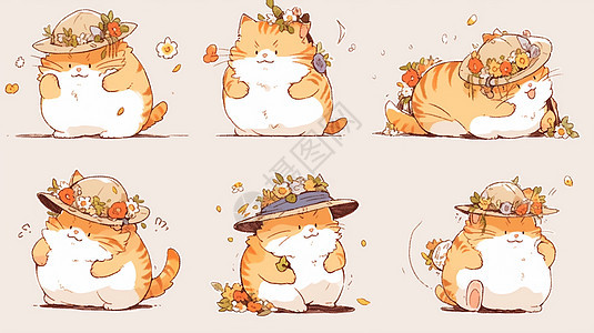 头戴花朵帽子肥胖可爱的卡通橘猫图片