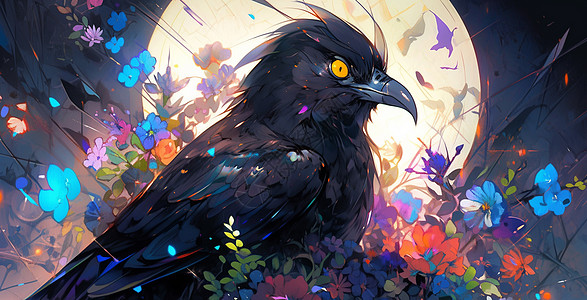 夜晚在花丛中一直漂亮的黑色卡通乌鸦图片