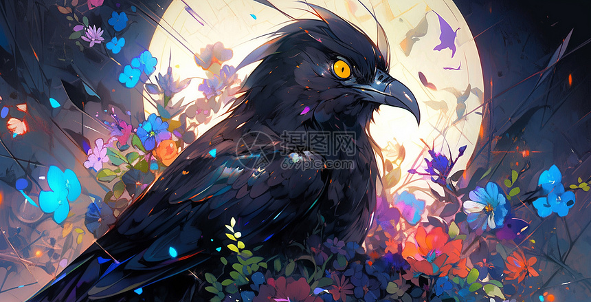 夜晚在花丛中一直漂亮的黑色卡通乌鸦图片