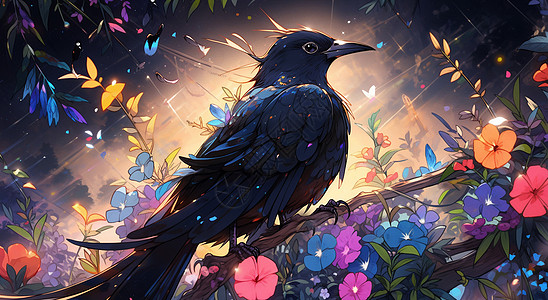 站在花藤上一直漂亮的卡通乌鸦图片
