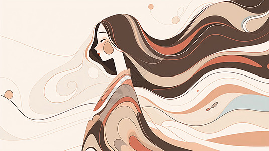 棕色长发古风抽象的卡通女人侧面插画图片