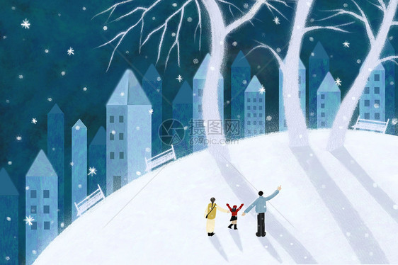 冬天夜晚下雪城市高楼插画图片