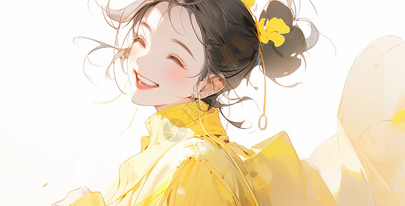 黄色衣服戴着黄色花朵开心笑眼睛眯成一条缝的卡通女孩插画