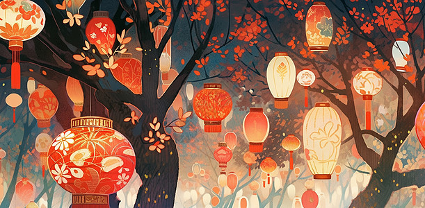喜庆的夜晚树上挂满了红灯笼图片