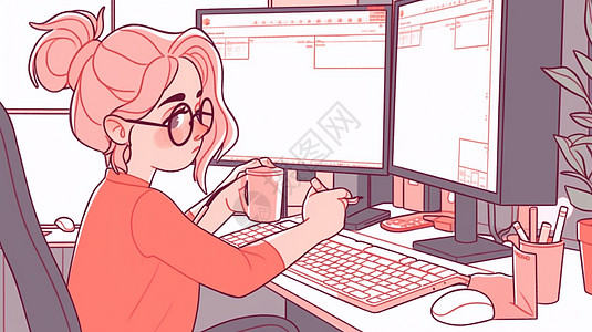戴眼镜的风色头发卡通女孩坐在双屏电脑前图片