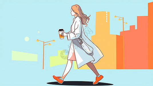 手端着咖啡大步走路在城市中的卡通长发女人高清图片