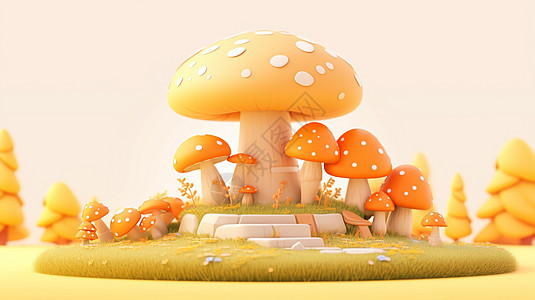 绿色可爱的卡通小岛上一堆橙黄色立体可爱的卡通蘑菇背景图片