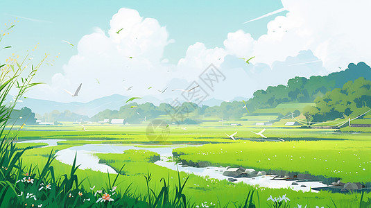 春天一大片嫩绿田野上飞着很多飞鸟卡通插画图片