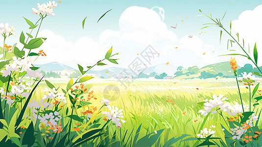 绿色田野上盛开的小花唯美卡通风景画背景图片