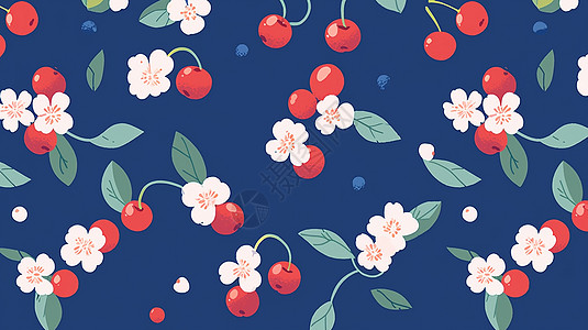 复古蓝色背景 上小花与红色果实卡通背景背景图片