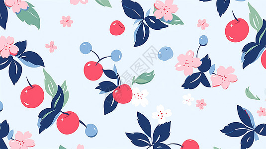 淡蓝色背景上红红的小果实与花朵卡通图案高清图片
