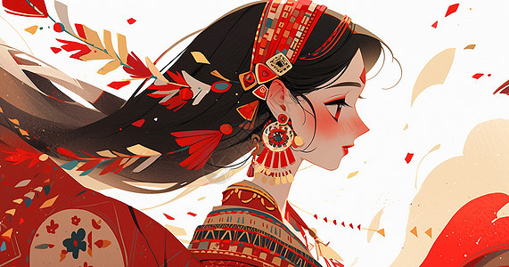 民族风穿着喜庆红色服装的长发卡通女孩图片