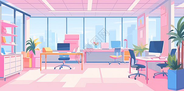 简约梦幻的卡通办公室中一把办公椅子放在办公室中间图片