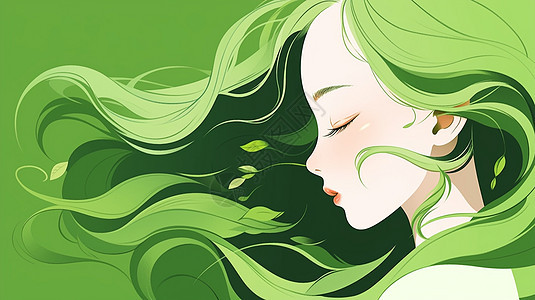 绿色长发在风中的卡通女孩头发上有几片树叶图片