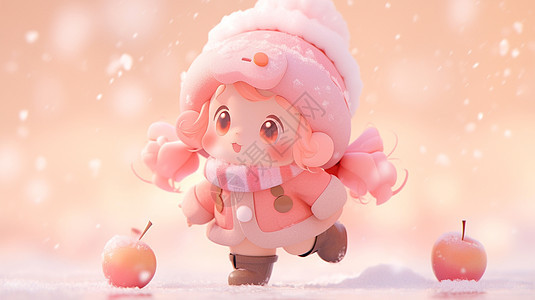 大雪中戴着粉色帽子穿着厚外套开心玩耍的卡通女孩图片