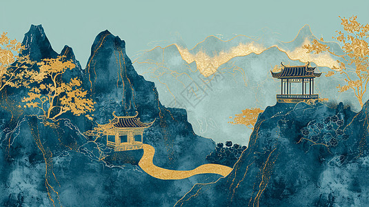 古风漂亮的卡通山顶上两座古风卡通建筑物唯美中国风山水画图片