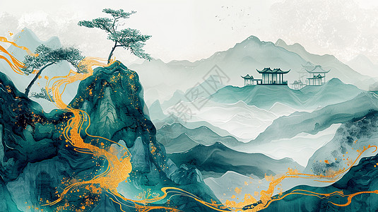 远处的山山顶上几棵漂亮的卡通古风与远处小小古亭子卡通风景画插画