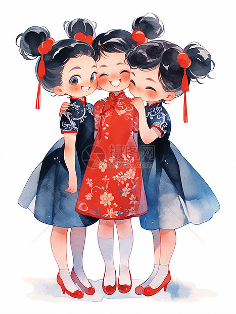 三个扎丸子头穿着漂亮的古风长裙的开心笑的卡通古风女孩图片