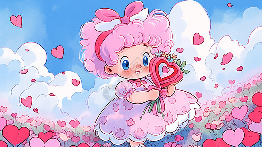 穿着粉色公主裙拿手花束在花园中开心笑的卡通小女孩插画