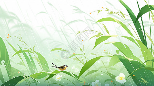 雨中唯美漂亮的卡通植物上落着一只小鸟图片
