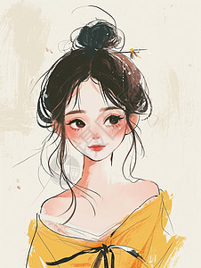 穿着黄色衣服水彩慵懒风漂亮的卡通女孩图片