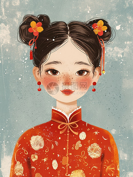 穿着红色喜庆的古风服装头戴小花漂亮的卡通小女孩图片
