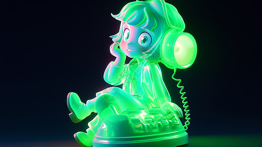 荧光绿色可爱的卡通小女孩坐在电话机上图片