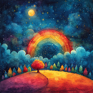 金黄色梦幻的山坡上一棵小树天空上有条漂亮的彩虹图片