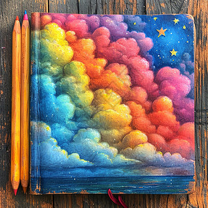 一个炫彩梦幻云朵封面的卡通笔记本放在桌面上图片