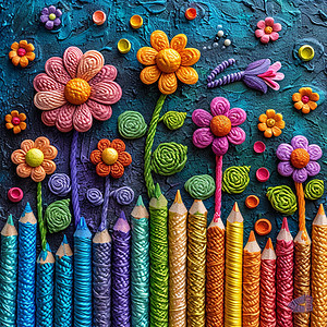 一排手工编织铅笔与立体可爱的卡通小花手工装饰画图片