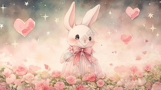穿着裙子可爱的卡通兔子站在花丛中图片