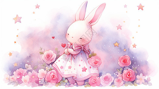 穿着公主裙站在粉色花丛中的可爱卡通小白兔图片