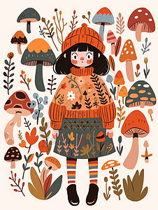 站在很多蘑菇旁穿着半身裙的可爱卡通小女孩图片