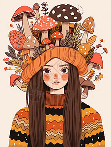 头上戴着蘑菇帽子的森系小清新卡通女孩图片