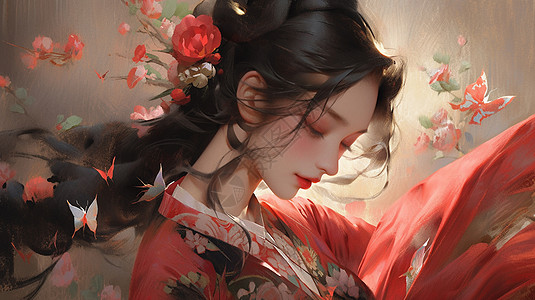 红色跳舞头戴红色小花穿着喜庆的古风服装跳舞的卡通女人插画