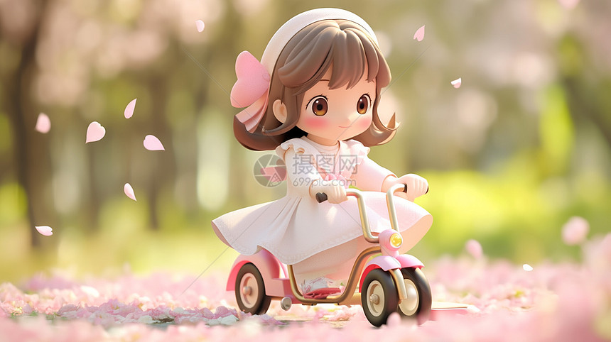 粉色花瓣落满地一个卡通小女孩骑着儿童车在玩耍图片