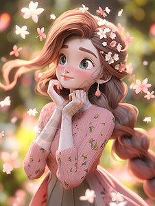 穿着粉色碎花上衣的长发卡通女孩看着满天的落花图片