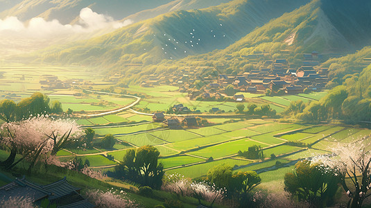 春天山间一片嫩绿色的卡通田野与古风小小的村庄背景图片