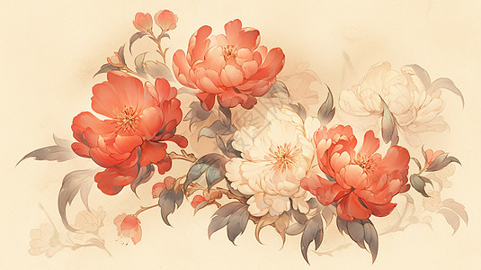 一簇中国风复古漂亮的卡通牡丹花图片