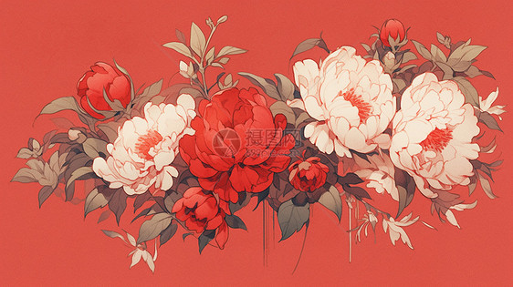 喜庆的红色背景与华丽的牡丹花簇卡通插画图片