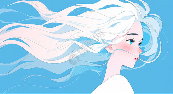 蓝色背景长发被风吹起的小清新漂亮卡通女孩图片