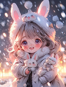 冬天夜晚大雪中戴着兔耳朵帽子的可爱卡通小女孩图片