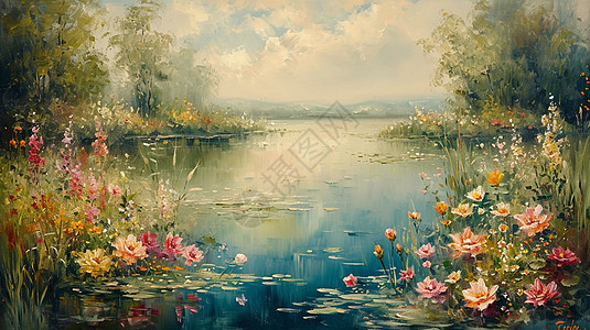 油画风装饰画河边有很多小花背景图片