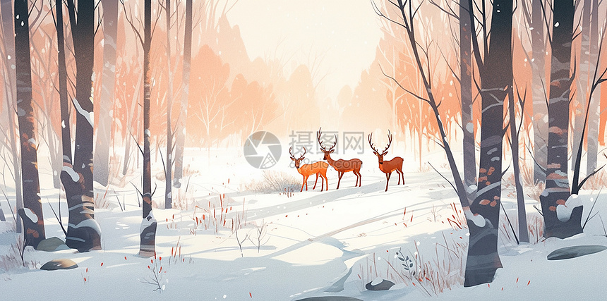大雪过后在树林中散步的三只卡通驯鹿图片