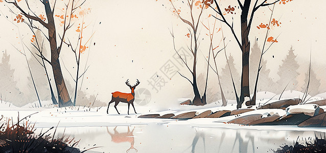 冬天在树林中散步的一只卡通小驯鹿图片