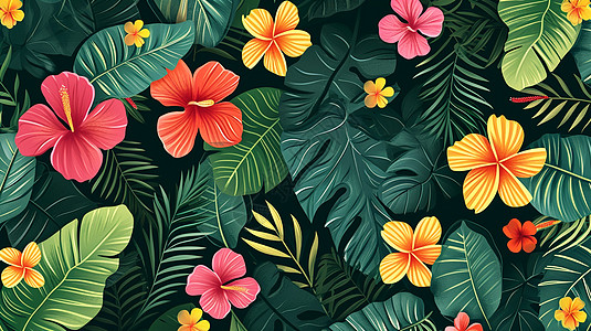 彩色漂亮的卡通花朵与绿色叶子背景图片